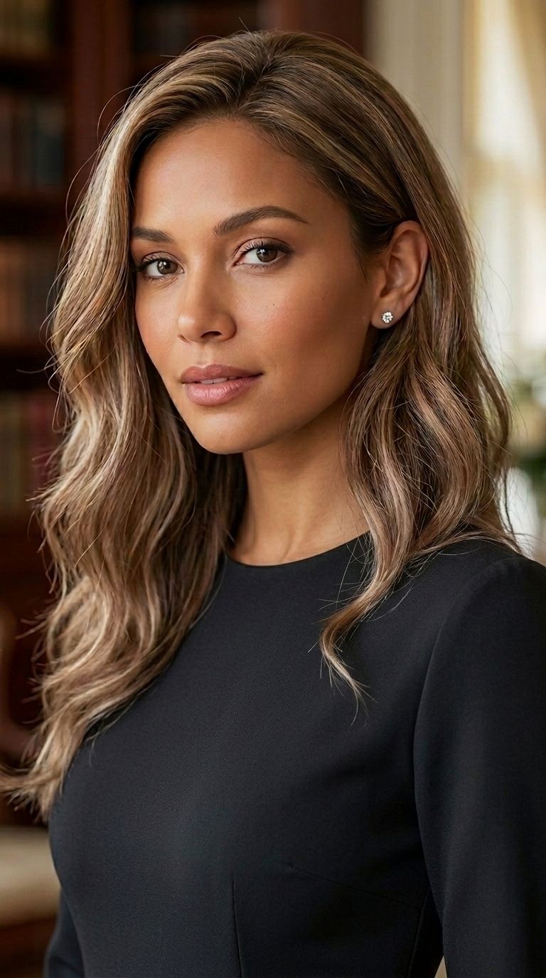 Sienna wig - front angled view showing warm blonde balayage