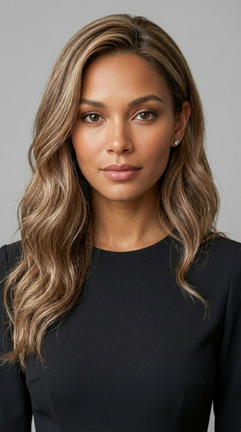 Sienna wig - front view showing natural wave and golden highlights