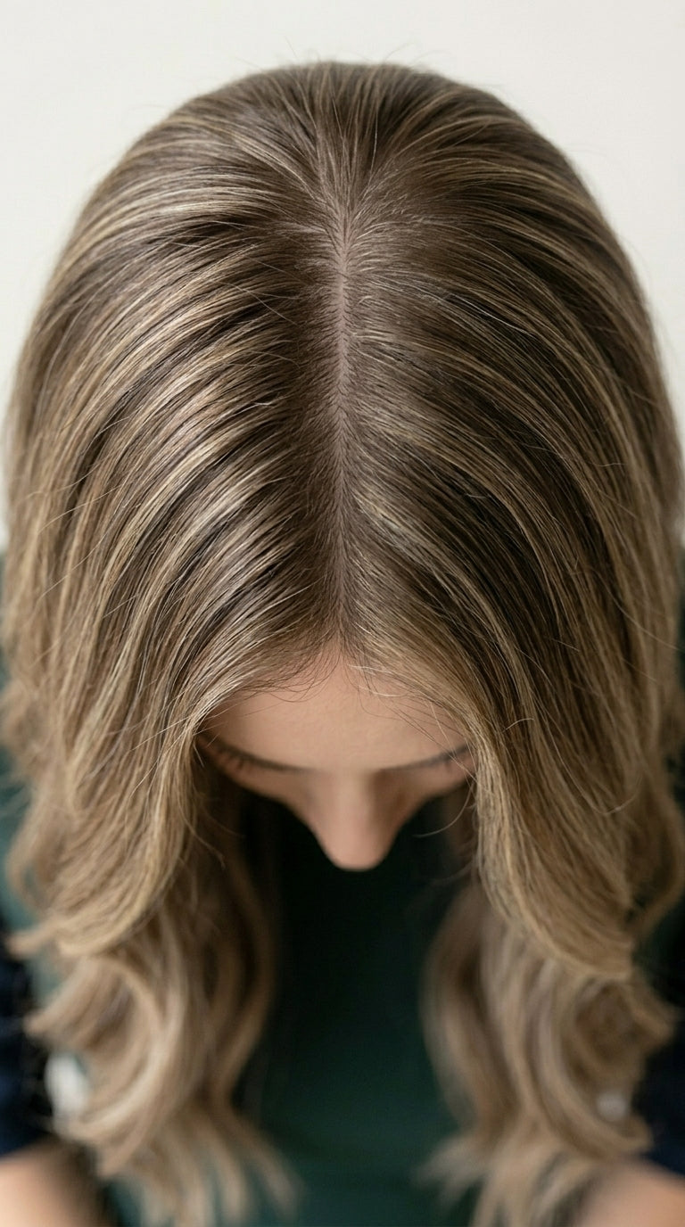 Willow wig - front view showing brown balayage with blonde highlights